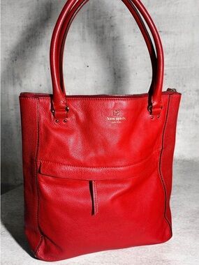 Kate Spade Large Red Pebble Leather Tote with Front Pocket